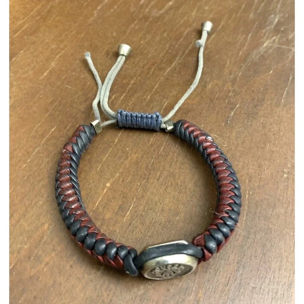 Gucci Bracelet Mens Braided Leather Vintage Sterling Silver Red Blue Crest FLAW